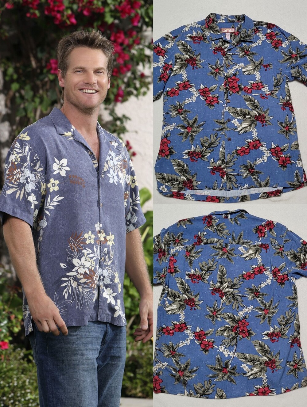 Bobby Cobb Vintage Caribbean Joe Blue Tropical Barkcloth Print Button Up Shirt